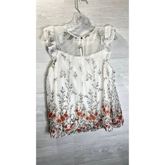 FOREVER 21‎ Women's Off-White Floral Printed Sheer Lace Trim Ruffled Sleeve - Picture 5 of 10